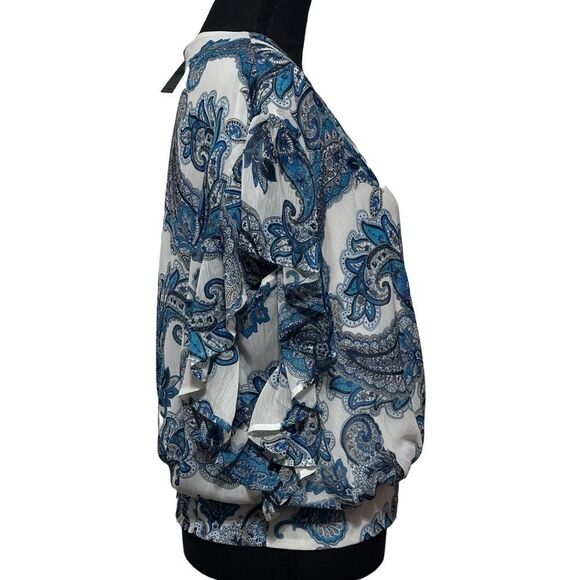 EXPRESS Women’s Blue Paisley Wrap Front Ruffle Top, SZ M - Picture 3 of 6